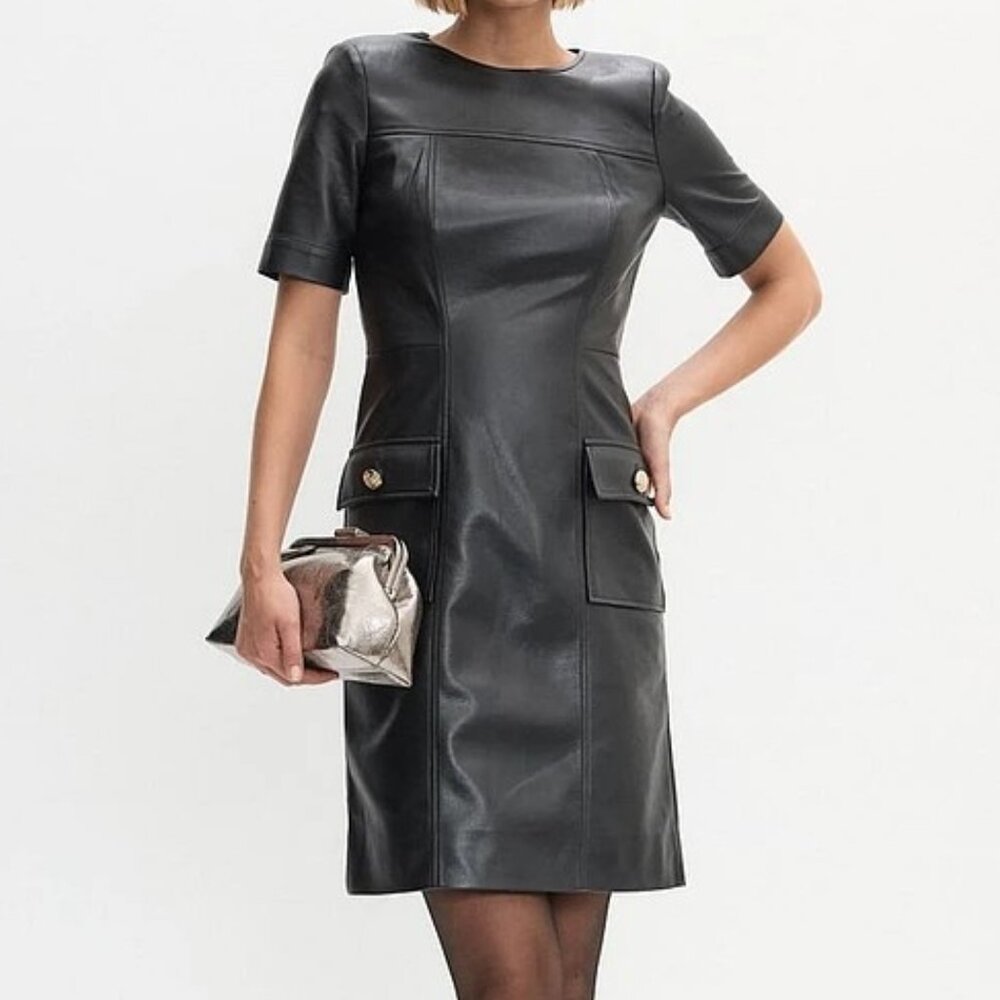 Melanie Lyne Vegan Leather Crew Neck Dress